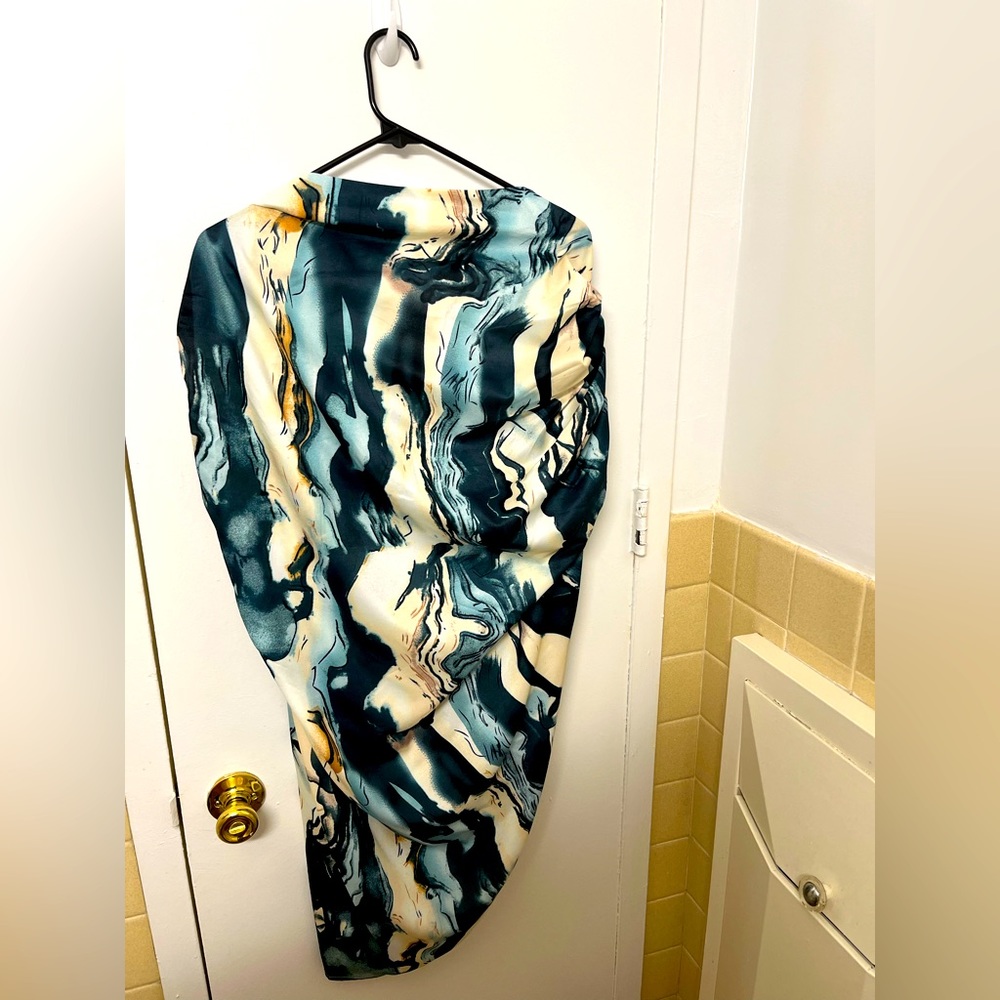 Pretty little things cream blue marble print ranches side midi skirt size 16